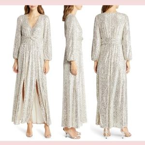 NEW $228 Pisarro‎ Nights [ 18 ] Sequin Long Sleeve A-Line Gown Cream/Silver